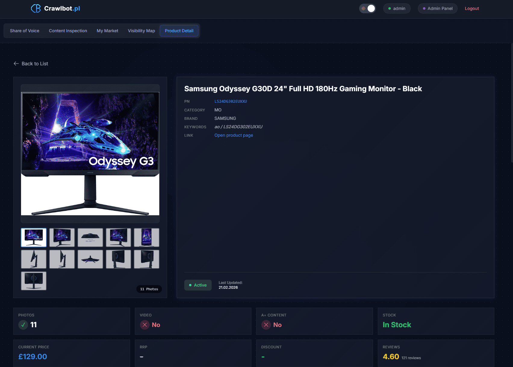 Crawlbot product detail view showing specs, images, pricing, and content quality scores